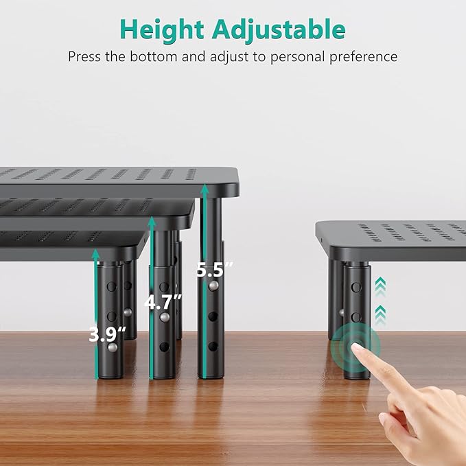 WALI Computer Monitor Stand for Desk, Adjustable Laptop Riser, up to 44 lbs | Monitor Riser Under-Desk Storage, Fits Monitors, Laptops, Printers, for Home, Office, School Supplies (STT003), 1 Pack, Black - Image 2