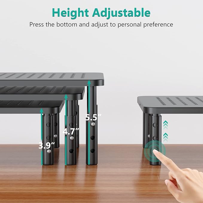 WALI Dual Monitor Stand for Desk, Adjustable Laptop Riser, up to 44 lbs | Monitor Riser Under-Desk Storage, Fits Monitors, Computer, Printers, for Home, Office, School (STT003-2), 2 Pack, Black - Image 2