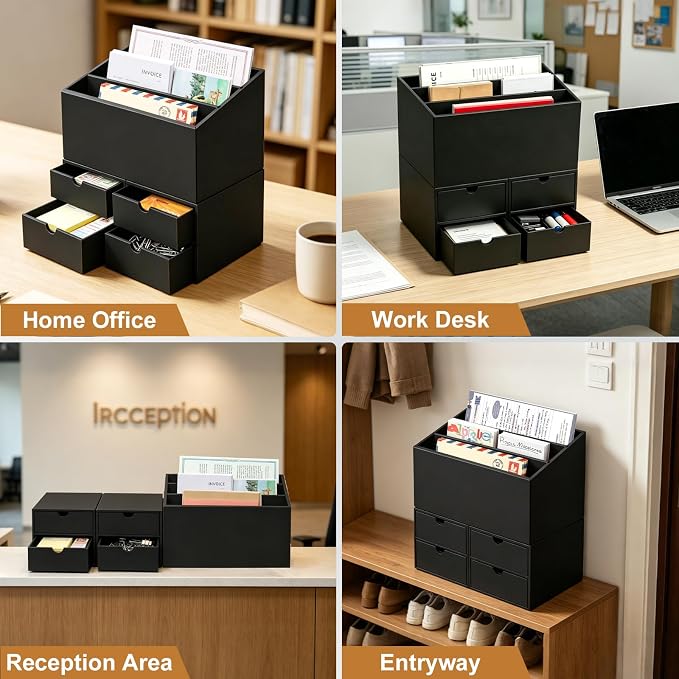2 Sets Desktop Mail Organizer with Drawers, 3-Compartment Stepped Mail Sorter and 2-Drawer Storage Box for Bills, Letters, Envelopes, Papers, Home Office, Reception, Entryway and Mailroom - Image 8