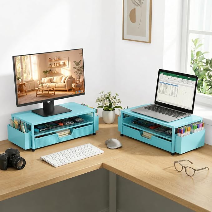 ECOLOVI Desk Organizer and Accessories, 2-Tier Computer Monitor Stand Rise with Storage Drawer & 2 Pen Holders, Laptop & Printer Stand for Desktop, Workspace Organizers for Office Supplies (Blue) - Image 6
