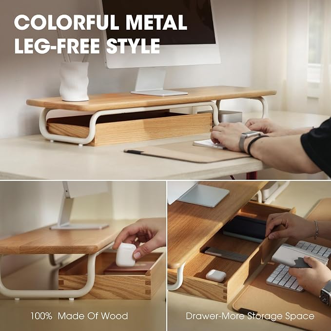 Fenge Solid Wood Monitor Stand Riser with Large Drawer Storage, Oak | Fully Assembled, 37.4W x 9.8D x 4.8H, Holds up to 110 lbs, Minimalist Home Office Desk Setup - Image 3