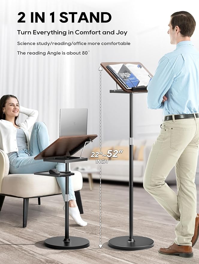 2 in 1 Adjustable Book Stand - Dual-Use Floor and Desktop Book Holder Stand, Height Adjustable 23.5-52 in, Elastic Page Clips for Music Sheet, Recipe, Tablet, Laptop-Black - Image 3