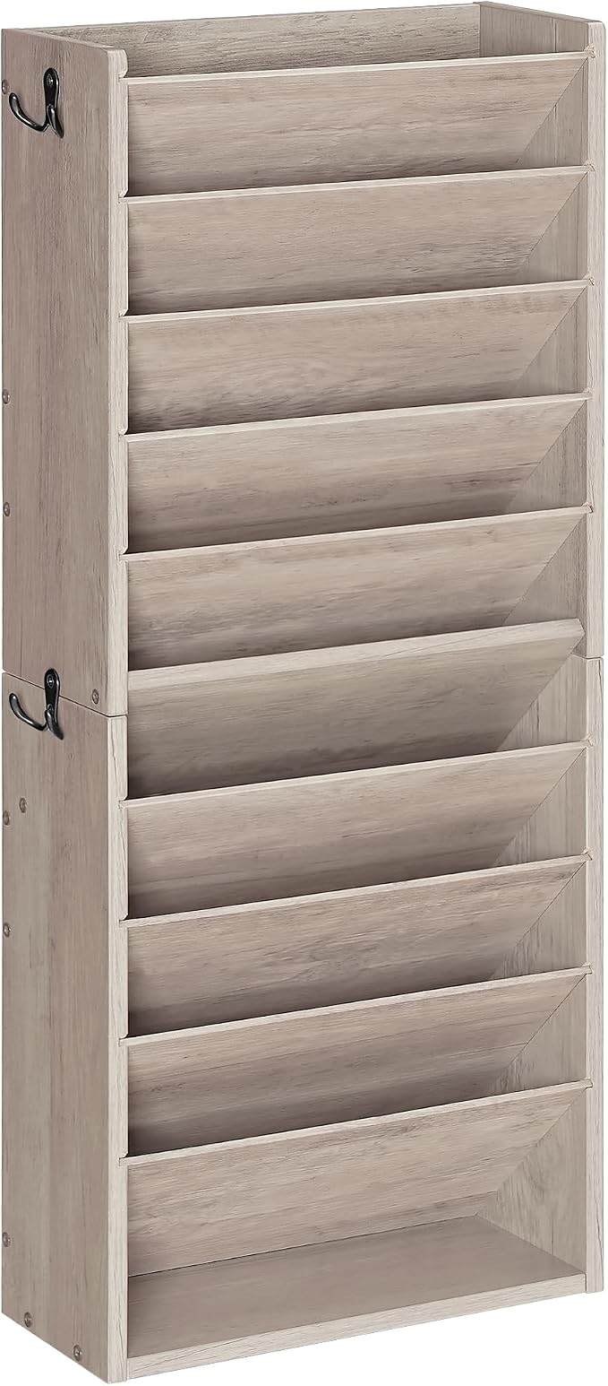 Wall File Organizer, 10-Tier Hanging Mail Organizer, Wall Mount File Holder with 4 Side Hooks, Industrial Mail and Storage Organizer, Wooden Vertical Hanging Holder for Office, Greige MWJ03FH - Image 9
