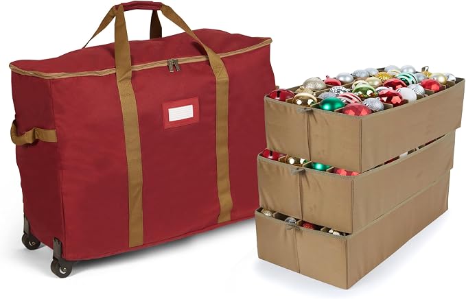 Covermates Keepsakes Rolling Adjustable Ornament Storage Bag – Heavy-Duty Polyester, FlexGrid Trays & Padded Dividers – Protective Holiday Organizer with Wheels, Handles & ID Window, Red by Covermates