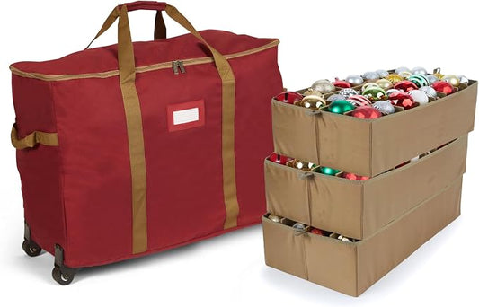 Covermates Keepsakes Rolling Adjustable Ornament Storage Bag – Heavy-Duty Polyester, FlexGrid Trays & Padded Dividers – Protective Holiday Organizer with Wheels, Handles & ID Window, Red by Covermates