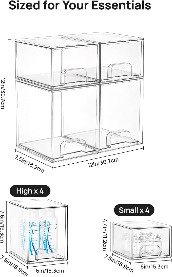 Vtopmart Stackable Storage Drawers Set of 8, Clear Plastic Organizer Bins for Baby Bottle, Beauty Supplies Storage, Ideal for Kichen Countertop, Vanity, Bathroom, Cabinet, Pantry Organization - Image 3