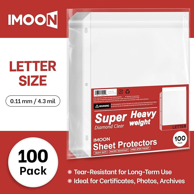 Super Heavyweight Sheet Protectors for 3 Ring Binders - 3-Hole Letter Size Clear Plastic Heavy Duty Sleeves, Archival Safe, Durable Page Protectors for Documents, 8.5x11 Inch (100 Pack) - Image 2
