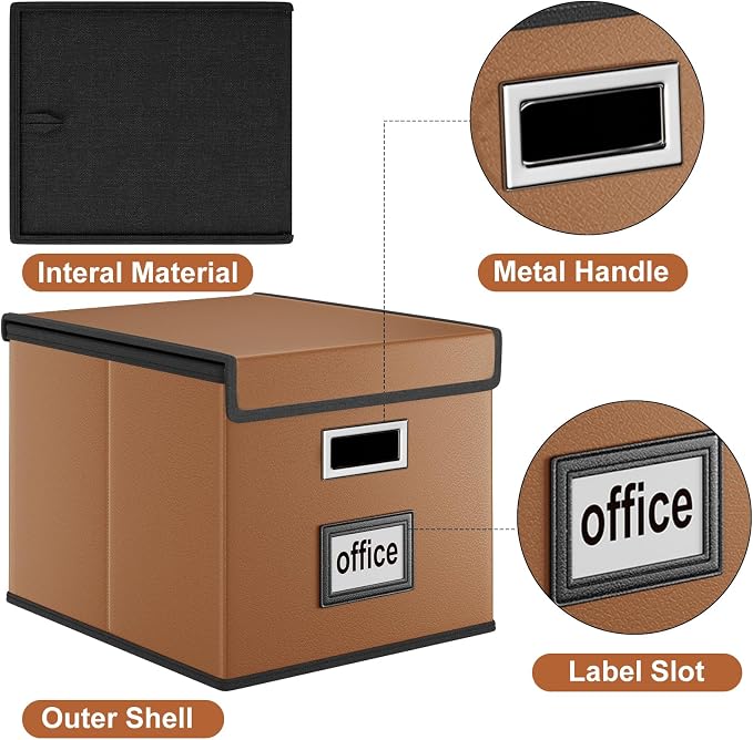File Organizer Box with Lids, Collapsible File Folder Organizer | File Box with Plastic Slides for Document, Filing Bin for Letter Size Hanging File Folders (1 Pack, Caramel, Leather) - Image 3