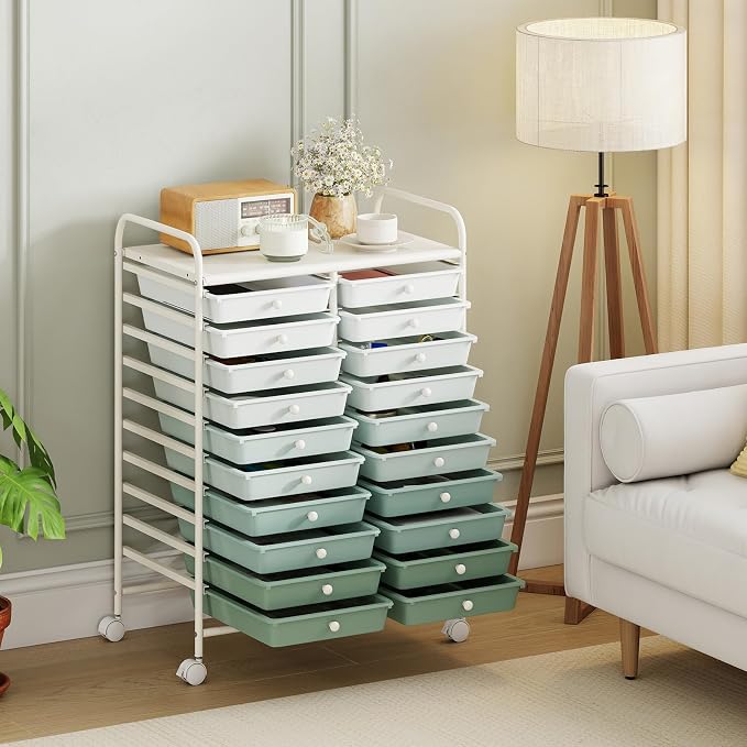 Giantex 20 Drawers Rolling Cart, Mobile Storage Drawer Cart, Classroom Organizer Cart for Office School Supplies Tools Scrapbook Paper Craft Small Printer, Utility Cart on Wheels, Green Gradient - Image 4