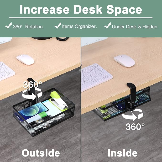ROSYLINE Under Desk Storage Basket Hanging Drawer Tray, Clamp On Organizer | hickened C-Clamp, High Load No Deformation Sag-Proof, Steel Construction, Clip-On No Drill Mount, Office & Household Storage - Image 3