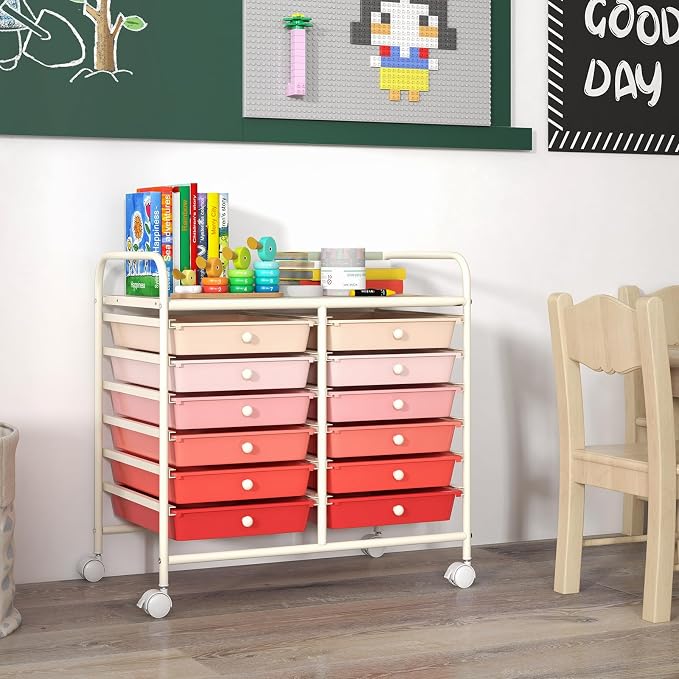 GOFLAME 12-Drawer Rolling Storage Cart, Multifunctional Art Craft Organizer Cart, Mobile Utility Storage Cart with Removable Drawers & Lockable Wheels, Craft Cart for Home Office School, Pink Gradient - Image 2
