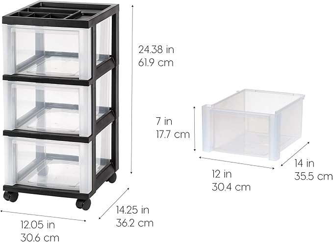 IRIS USA 3-Drawer Rolling Storage Cart, Black/Clear | Keep craft supplies, office essentials, classroom items, and accessories organized with easy-access drawers for daily use - Image 3