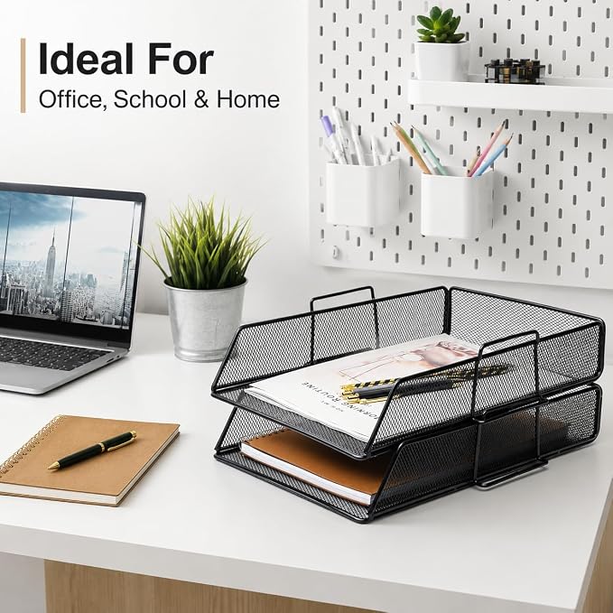 Exerz Paper Sorter Stackable/Desk Letter Tray A4 File Holder 2pcs - Wire Mesh - Office, School - Black | Durable Metal Mesh Holds Papers Files Folders Notebooks And Magazines For Office Home Study Classroom Desks - Image 4