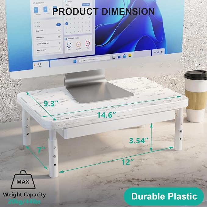 WALI Computer Monitor Stand with Storage, Monitor Riser 3 Height Adjustable | Laptop Riser with Airflow Vents, Desk Organizer for Computer, Printer, Notebook (PTT002-M), 1 Pack, Marble - Image 3