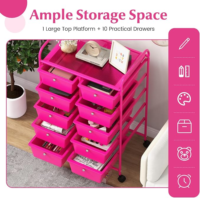 COSTWAY 10 Drawer Rolling Storage Cart, Utility Cart with Lockable Wheels | Mobile Art Supply Craft Organizer with Metal Frame, Multipurpose Drawer Cart for Paper for Office, School, Hot Pink - Image 4
