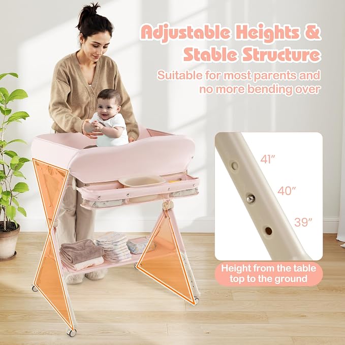 INFANS Baby Changing Table with Wheels, Portable Folding Diaper Station Nursery Organizer with Storage Basket, Hanging Rack, Adjustable Height, Safety Belt for Newborn Infant (Light Pink) - Image 8