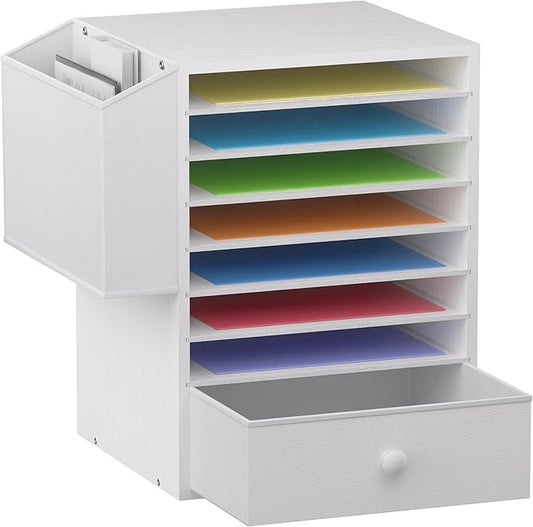 Unionly 12x12 Scrapbook Paper Organizer with drawer for Office,Classroom | 7 Tier Adjustable cardstock storage,Wooden mail sorter with name slot,paper storage organizer for school,classroom,office by Unionly