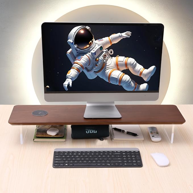 SUIBIAN Elegant Wood & Acrylic Monitor Stand with 15W Wireless Charging – 31.5" Large Desk Riser for Ergonomic View, Desktop Organizer, Laptop & PC | Modern Floating Design(Walnut Wood) - Image 4
