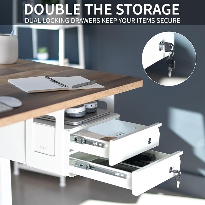 VIVO White 12 x 14 inch Under Desk Double Stacked Drawers, DESK-AC03L-2W | Sturdy Steel Design, Secure Dual Locking Drawers, Home Office Storage Organizer, Holds 11 lbs - Image 6