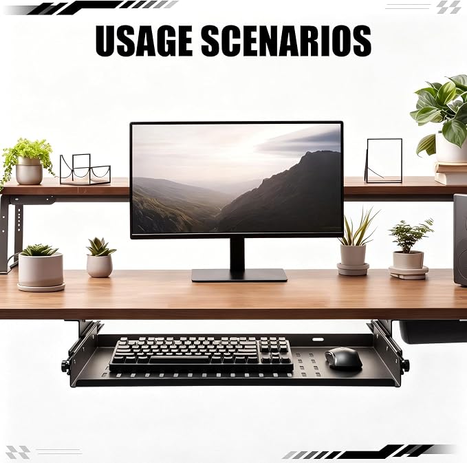 Sliding Under Desk Laptop Mount Shelf with Air Vents 21'' W x 12'' D Metal Under Desk Slide Out Tray Laptop Storage Tray for Home Office Standing Desks Workstations Cabinet Gaming - Image 2