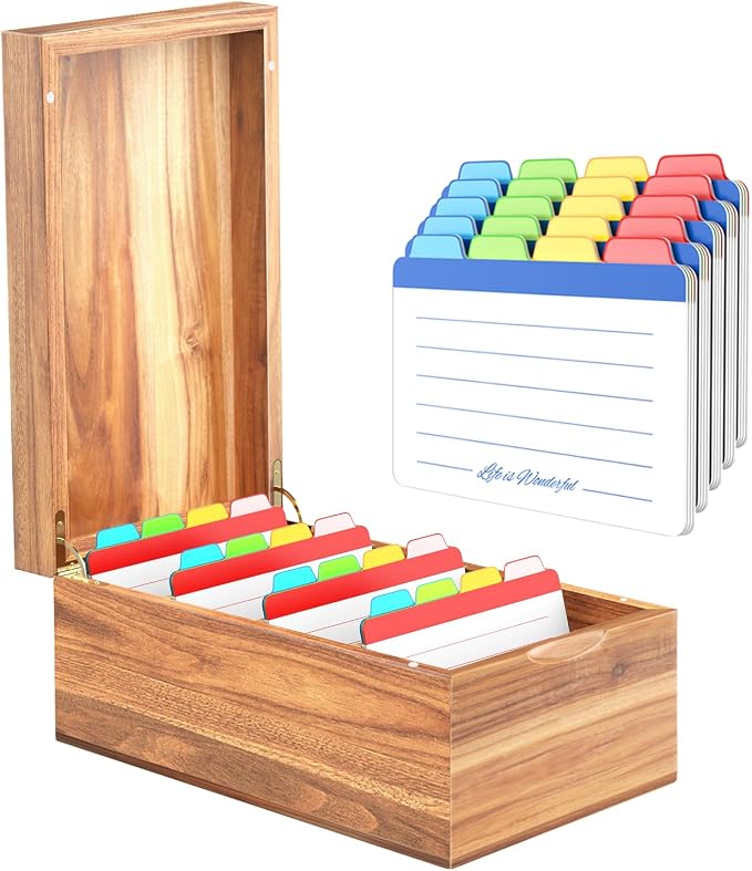 Neando 4’’x6’’ Index Card Holder, Acacia Index Card Box, Index Card Organizer Case, Wood Recipe Box with Dividers, 4 Compartments for 600 Cards, File Note Flash Card Holders by Neando