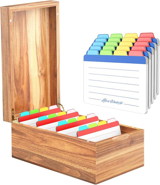 Neando 4’’x6’’ Index Card Holder, Acacia Index Card Box, Index Card Organizer Case, Wood Recipe Box with Dividers, 4 Compartments for 600 Cards, File Note Flash Card Holders by Neando