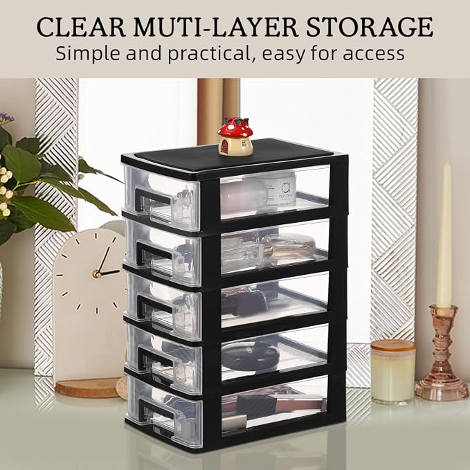 Angoily 5-Tier Plastic Drawer Storage Cabinet Portable Desktop Organizer for Office Study Cosmetics Sundries Holder 12.40X8.66X5.98In - Image 4
