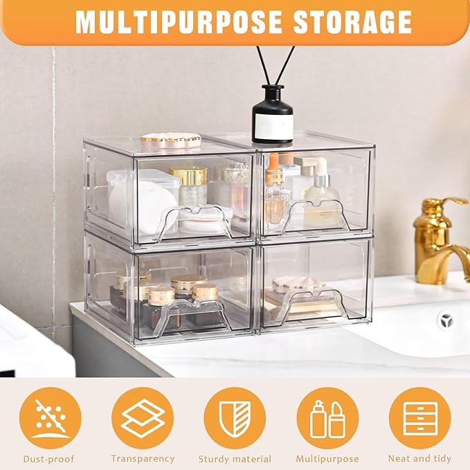 Stebopum 8 Pack Stackable Makeup Organizer, 4.4'' Tall Acrylic Bathroom Makeup Organizer and Storage Drawer with Pull-out Handle, Clear Plastic Storage Bins for Vanity,Pantry,Desk,Undersink,Kitchen - Image 4