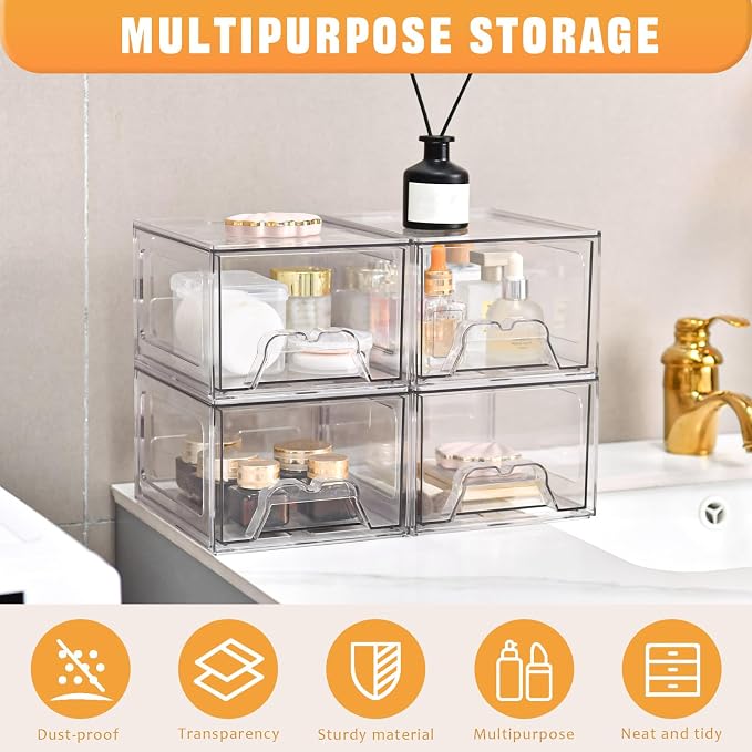 6 Pack Stackable Storage Drawers,Makeup Organizer with Pull-out Drawer | 4.4'' Tall, Acrylic Clear Plastic Storage Bins for Vanity,Pantry,Desk,Undersink,Kitchen,Bathroom - Image 4
