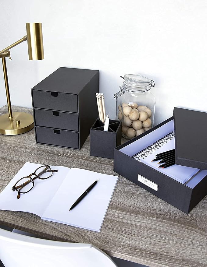 Bigso Ingrid 3-Drawer Fiberboard Desk Organizer for Office Supplies and Accessories - Stackable Makeup Drawer Organizer - 6.3in x 9.9in x 8.1in - Dark Grey - Image 2