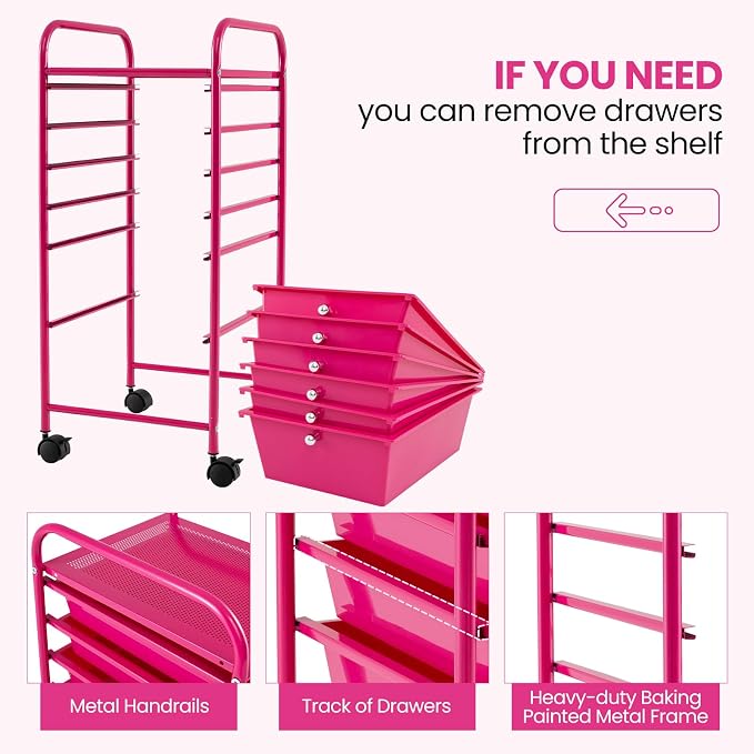 COSTWAY 6-Drawer Rolling Storage Cart, Art Craft Tools Organizer on Wheels | Multifunctional Heavy Duty Utility Mobile Storage Trolley w/ 2 Lockable Wheels for Home Office School (Hot Pink) - Image 4