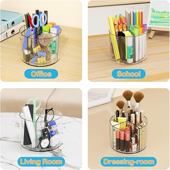Mefirt Acrylic Pen Holder, 360 Degree Marker Organizer for Desk, Rotating Desk Storage With 4 Compartments, Art Supply Crayon Holder for Office School Home, Clear - Image 7
