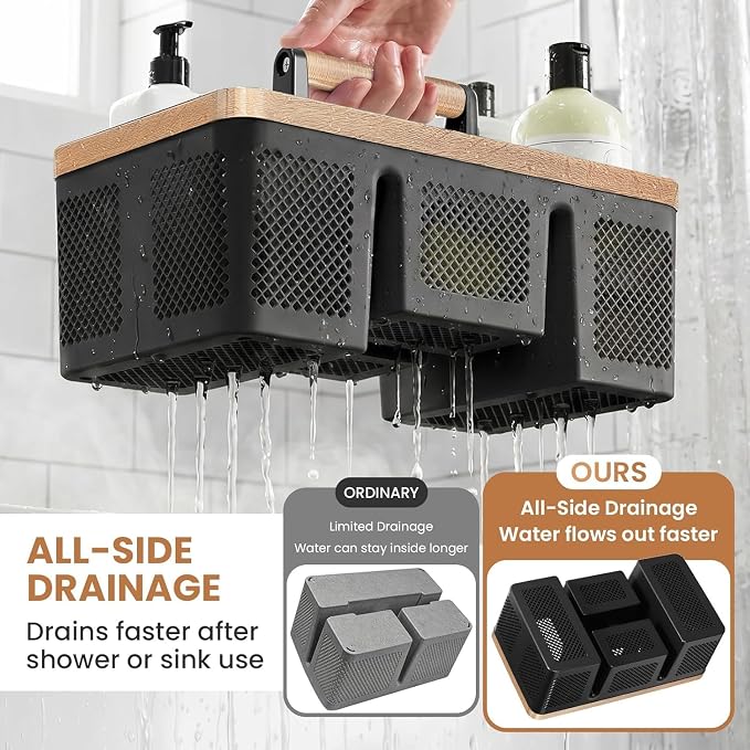 BYUNER Plastic Shower Caddy Dorm: Portable Hard Shower Basket with Handle, 4 Divided Compartments, All-Side Drainage, Bathroom & Cleaning Caddy for College Dorm Room Essentials, Black/wood grain - Image 3