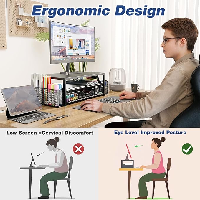 Desk Organizers and Accessories, Computer Monitor Stand Riser with Drawer and 2 Pen Holders, Printer & Laptop Stand, Office Desk Accessories & Workspace Organizers for Home Office Supplies, Blue - Image 6