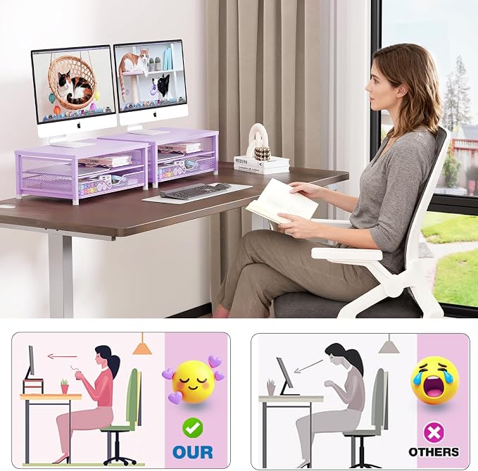 Computer Monitor Stand Riser, Desk Organizer with Drawer, Printer & Laptop Stand, Office Desk Accessories & Workspace Desktop Organizers Storage for Office Supplies(Purple) - Image 5