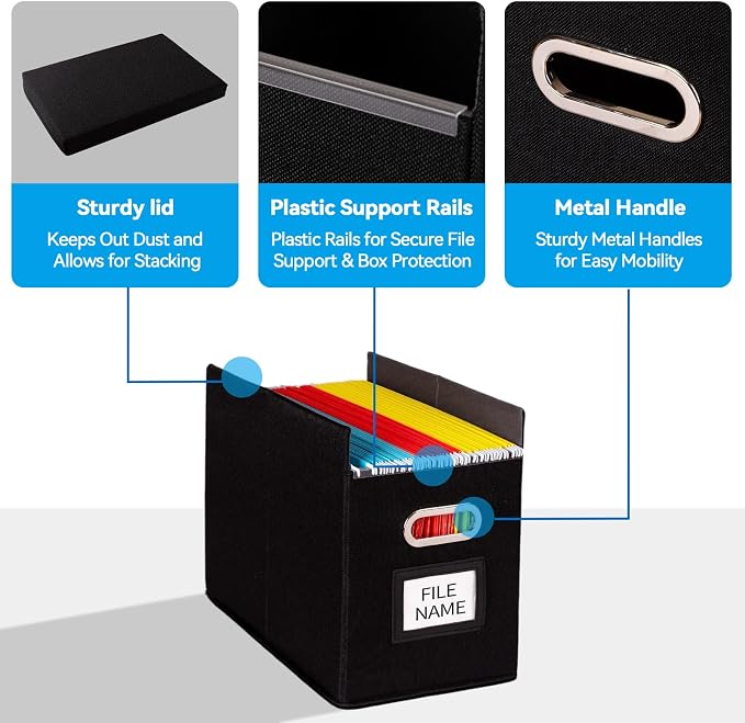 4 Pack Hanging File Folders Organizer with Lid, Letter Size Fabric File Storage Box Collapsible, Portable Office Document Holder with Metal Handle, Smooth PVC Rails, Black - Image 5