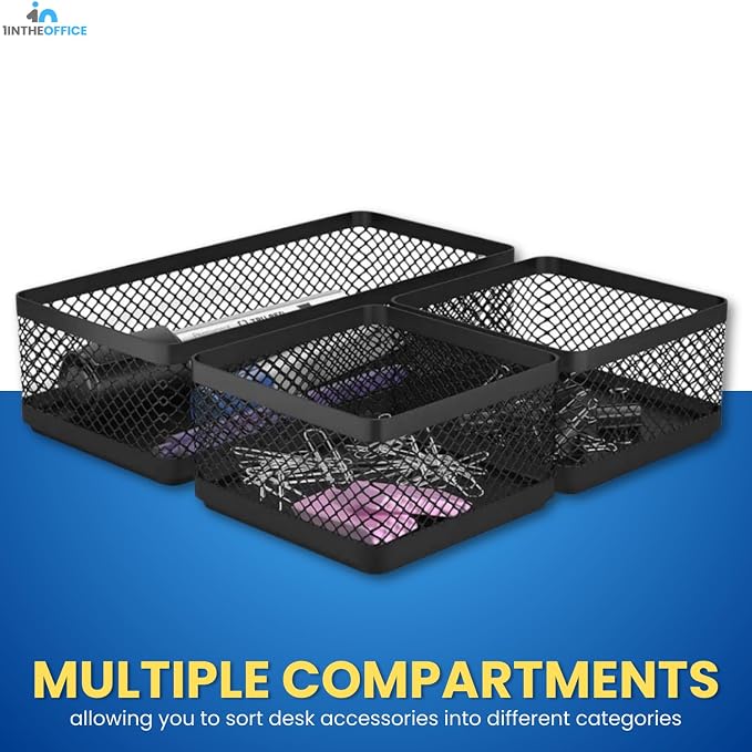 1InTheOffice Mesh Collection Desk Drawer Organizer Tray 3 Compartment - Stackable, Matte Black (2pack) - Image 5