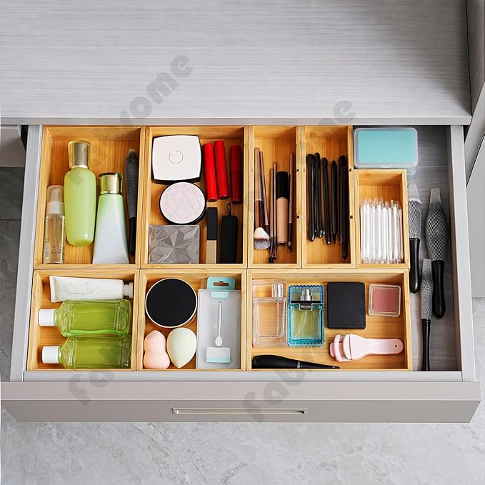 Fabsome Drawer Organizer, Set of 9 Bamboo Wood Kitchen Makeup Desk Junk Tea Drawer Storage Boxes Bins for Cutlery Silverware Utensils Flatware, Small Wooden Container Tray for Bathroom, Office - Image 2