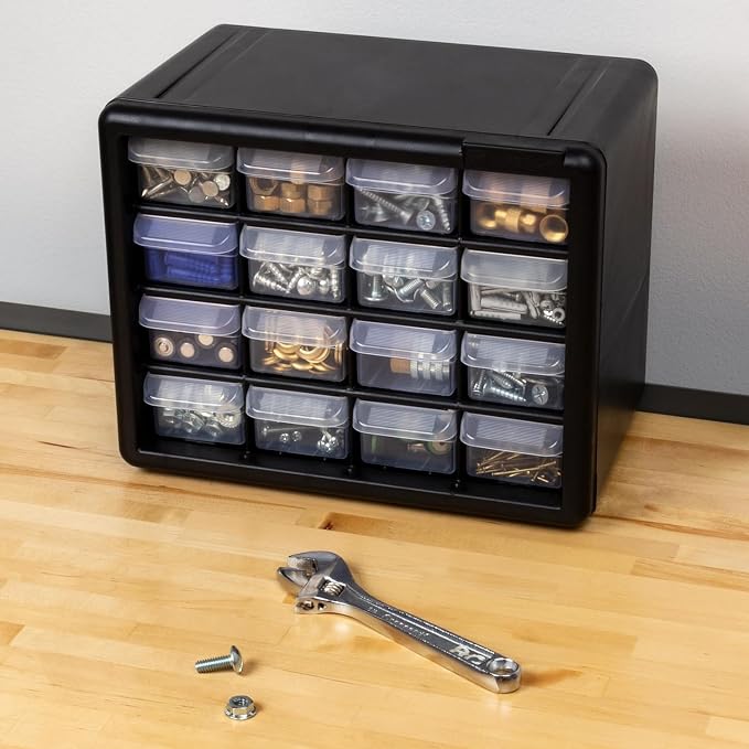 Akro-Mils 16-Drawer Plastic Storage Cabinet, 10.5"W x 6.5"D x 8.5"H, Black | Plastic Cabinet w/ Drawers for Garage Organization, Beads, Makeup Organizer, Building Bricks Storage, Teacher Toolbox, 10716 - Image 20