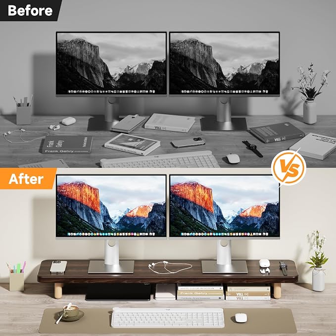 Dual Monitor Stand Riser, 39 Inch Extra Long Wooden Desktop Monitor Riser with Storage for 2 Monitors Ultra Strong Desk Shelf Organizer Riser Ergonomic for 2 Screens/Laptop/PC/TV/Printer (Dark Walnut, 39inches) - Image 7