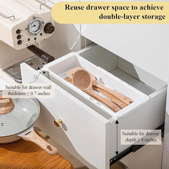 4 Pcs Expandable Drawer Organizer Bins Adjustable Deep Drawer Hanging Organizer Tray Expandable 11.4 to 18.1 Inches Plastic Dividers Storage for Office Bathroom Bedroom Kitchen Desk, White - Image 7