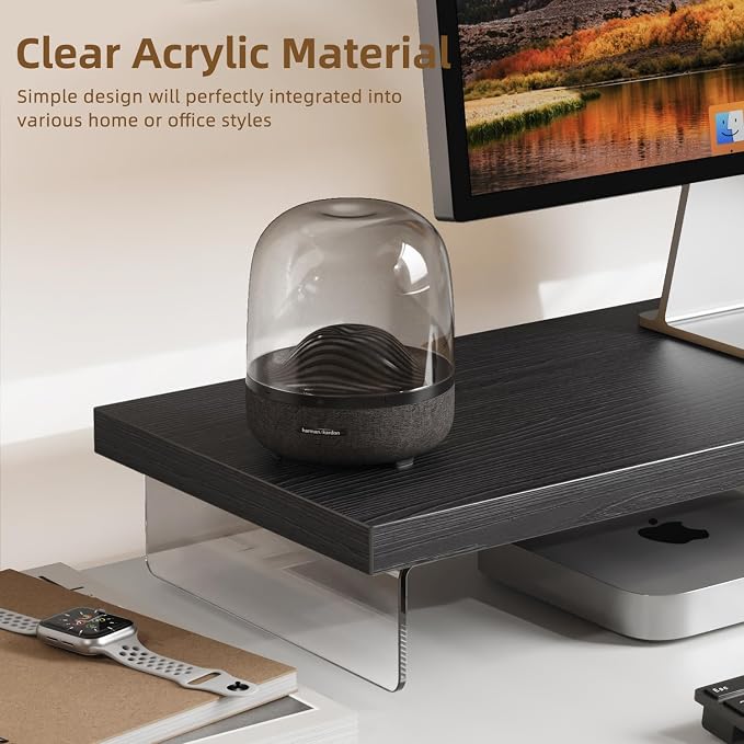 Dual Monitor Stand Riser, 40x10 in Wood & Acrylic Desktop Organizer Shelf | Computer Monitor Stand Riser With Wood & Acrylic Design; Fits 2 Monitors, Laptop, Printer And Desk Supplies For Office Use. - Image 2