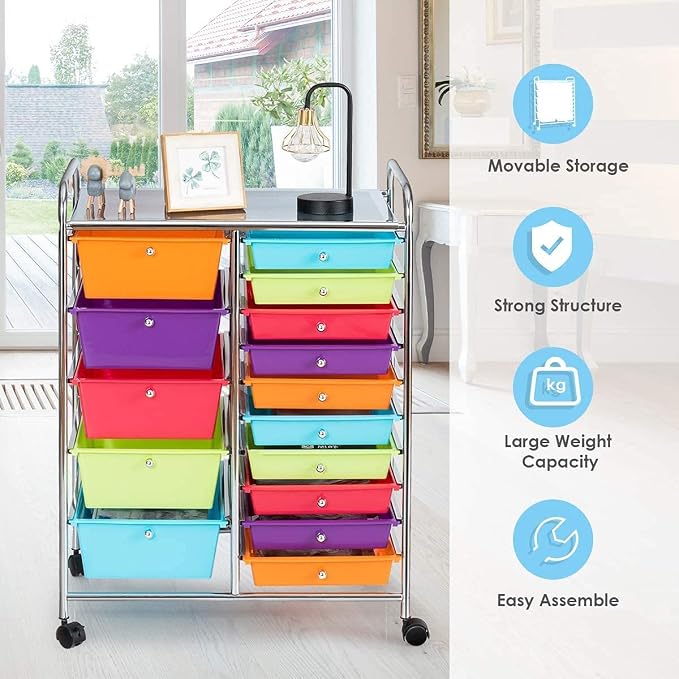 Moccha 15-Drawer Rolling Storage Cart - Under Desk Storage Drawers with wheels for Craft Art Supply Paper Salon, Scrapbook Paper Tools, Mobile Utility Cart for Classroom (15 Drawers, Multicolor) - Image 6