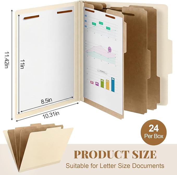 AmazingSpark 24 Pcs Classification Folder Letter Size Bulk 3 Divider Pressboard File Folder with Expansion 2 Prong Fastener Heavy Duty Office File Organizer for School Medical Document(Beige) - Image 2
