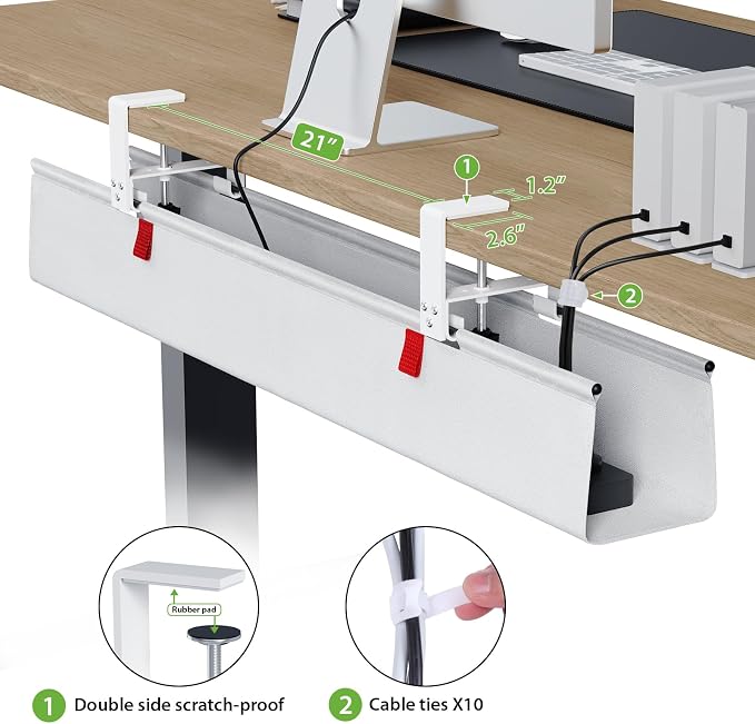 KEEGH Large No Drill Under Desk Cable Management Tray 36 in, White | Clamp/Screw Mount, Supports Up to 70lbs, Fabric Wire Management Gaming/PC Cable Raceways, Cord Hiders for Office/Home - Image 3