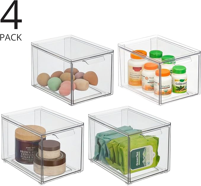 mDesign Plastic Stackable Bathroom Storage with Pull Out Bin Organizer Drawer for Cabinet, Vanity, Shelf, Cupboard, Cabinet, or Closet Organization - Lumiere Collection - 4 Pack - Clear - Image 2