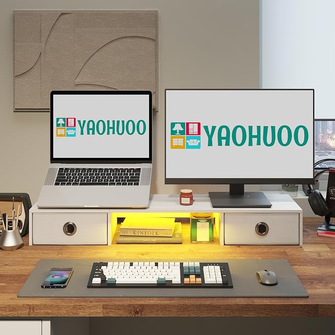 YAOHUOO Dual Monitor Stand with LED Light 2 Drawers, Computer Monitor Riser for 2 Monitors, Large Desktop Organzier with Storage for PC/Laptop/Computer/TV Screen/Printer - Image 5