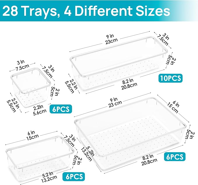 Vtopmart 28 Pack Clear Drawer Organizer Bins, 4 Sizes Storage Trays | Clear Storage Bins for Makeup, Bathroom, Kitchen & Office Drawers, Multi-Size Organizers Keep Toiletries, Tools & Essentials - Image 6
