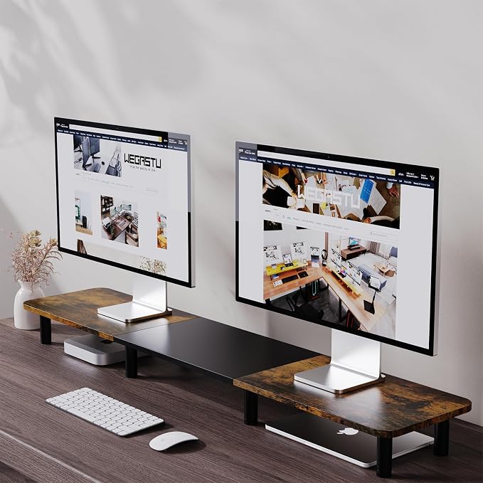 43.7" Extra Long Dual Monitor Stand Riser, Wood & Steel Monitor Stand for 2 Monitors, Wide TV Stand, Desktop Riser for Desk Organization, Home Office、Laptop,Printer,TV (Vintage black) - Image 3