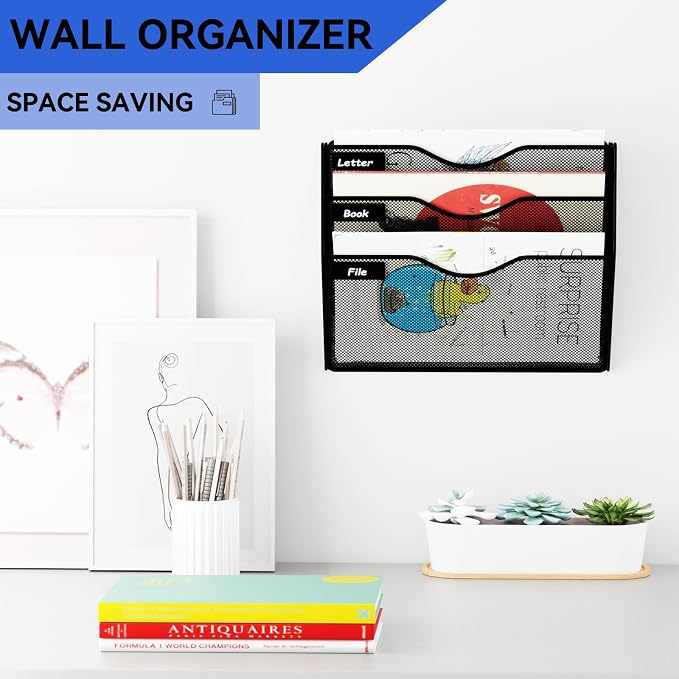 3 Pockets Hanging Wall File Organizer Mail Holder, Wall Mounted Paper Document Folder Holder, Clipboard Storage Organization Magazine Rack, Black - Image 2